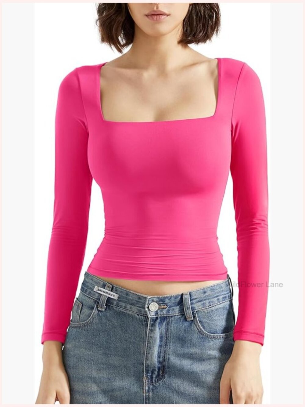 Square Neck Long Sleeve Double Lined Fitted T Shirt